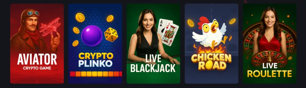 Instant Casino népszerű játékok lobbyja, amely az Aviator és a Plinko játékokat tartalmazza.
